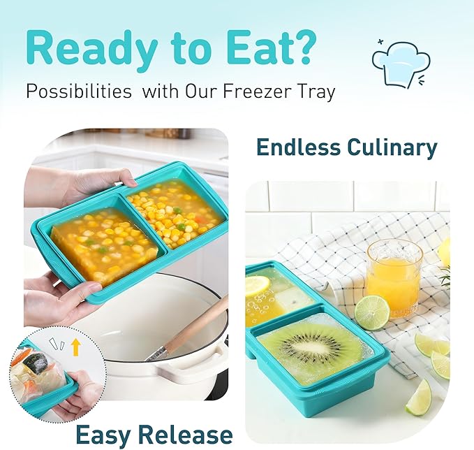 Silicone Freezer Tray with Lid Soup Freezer Container Molds with Steel Reinforced Rim Large Ice Cube Tray Makes 4 Perfect 2 Cup Portions Cubes Storage for Soup, Sauce, Leftovers Food Kitchen Things