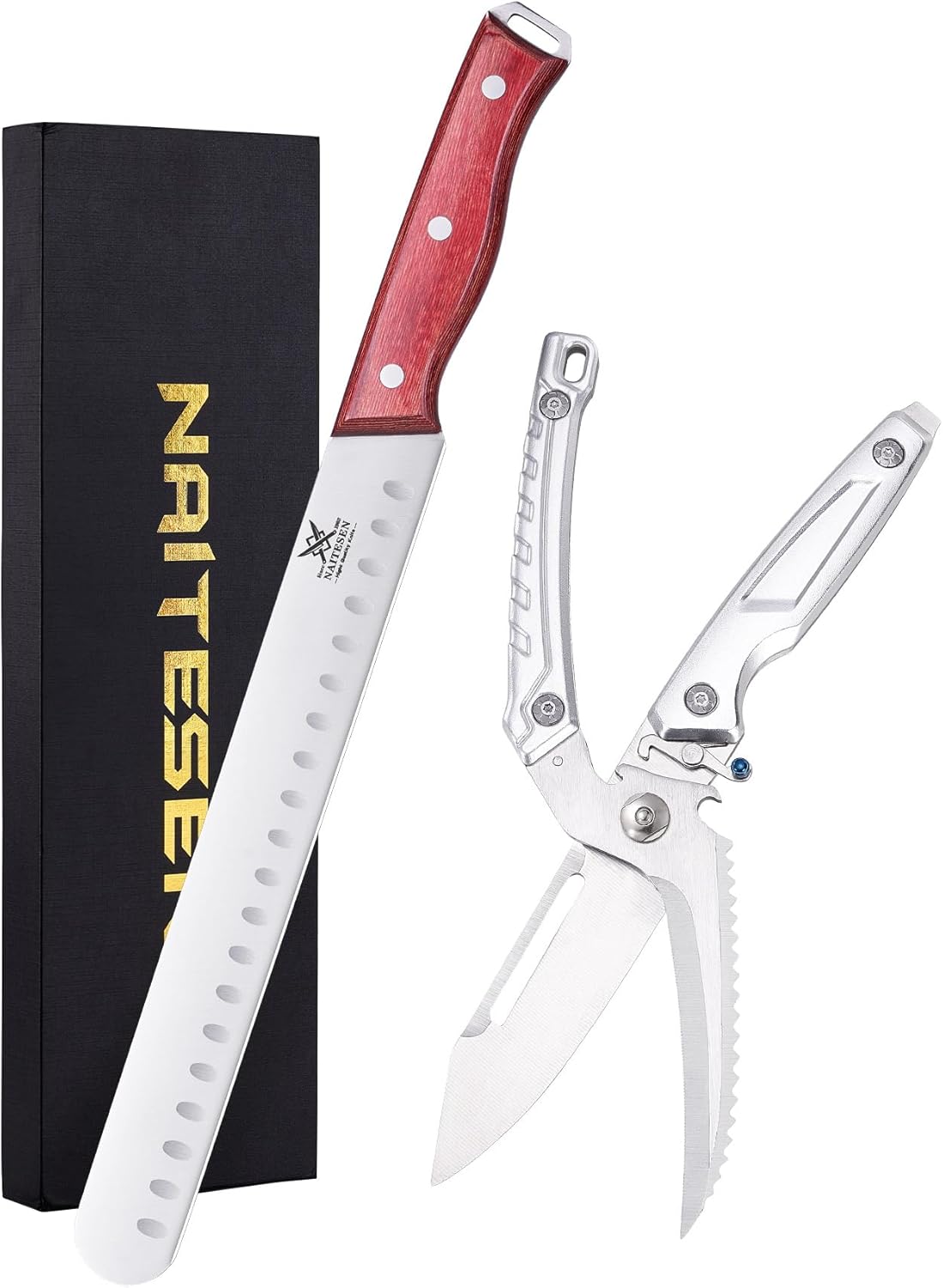 2PCS Brisket Carving Knife and Poultry Shears Set for BBQ, Very Sharp Butcher Slicing Knife, Heavy Duty Kitchen Scissors for Meat Beef Turkey Cutting, Gifts for Men Women