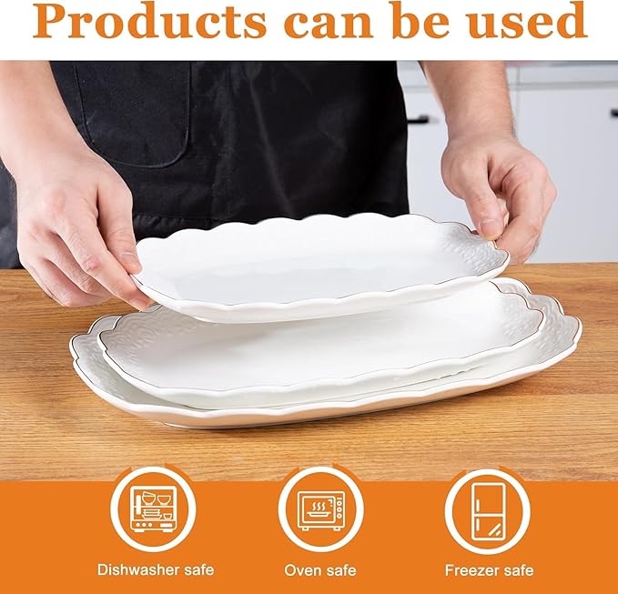 Kassel Ceramic Serving Platter Set | 16”/14”/12” Oval Serving Trays for Entertaining at Parties and Weddings | Oven Safe Extra Large Serving Trays for Tacos, Steak, and Cake