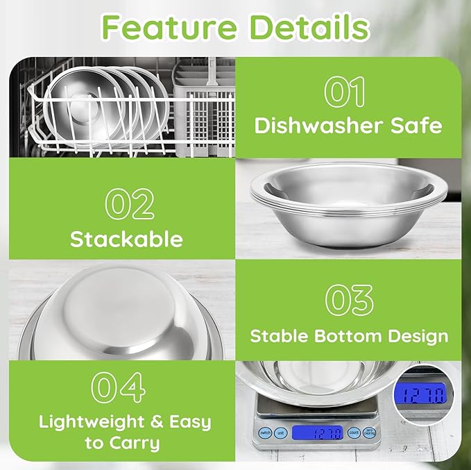 304(18/8) Stainless Steel Mixing Bowls for Kitchen, 4 Pack 8.7" 34.88 fl.oz Metal Mixing Bowls Set Stackable for Baking Serving Cooking Food Prep Storage Dishwasher Safe Lightweight