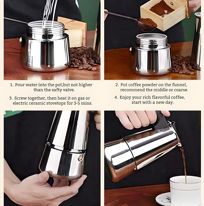 Stainless Steel Moka Pot Espresso Maker,Stovetop Moka Pot,Percolator Coffee Pot,Italian Coffee Maker,Cuban Café Brewing,Greca Coffee Maker (4 CUP)