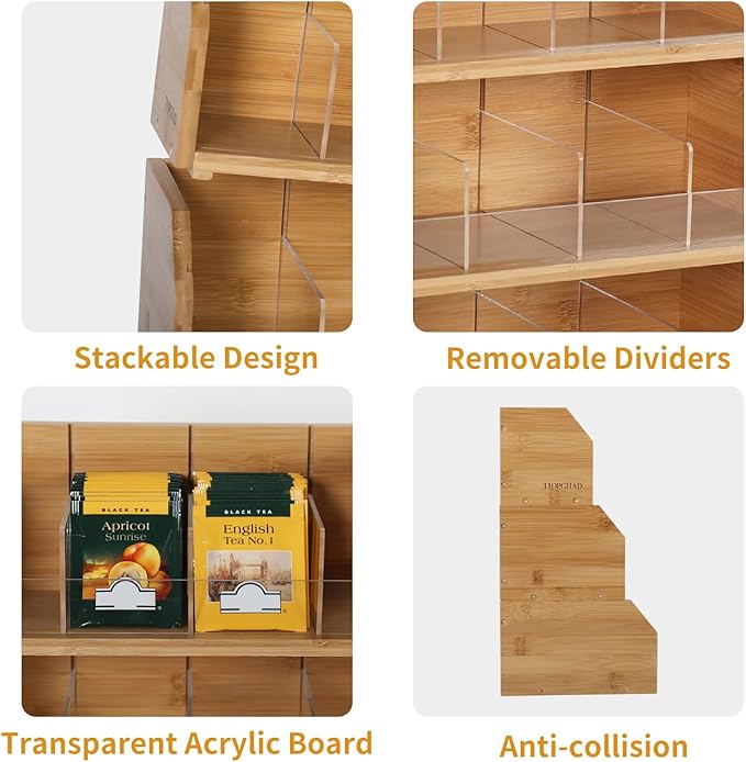 TIOPGHAD 3 Layer Stackable Bamboo Tea Bag Organizer Storage Holder for Tea Bags Wood Tea Box Containers Tea Rack Teabag Station Stand for Cabinet Countertop Office(Patented Design)