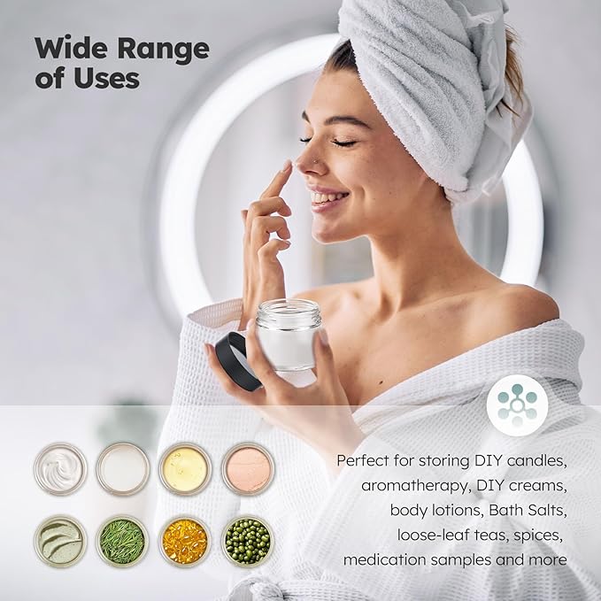 2 oz Glass Jars with Lids, 36 Pack Clear Small Glass Jars with Black Lids Leakproof Round Airtight Empty Cosmetic Travel Containers with Inner Liners For Lotions Powders and Candle Making