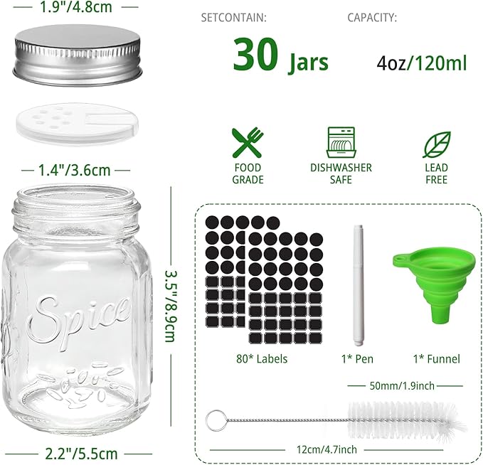 CycleMore 30 Pack 4oz Glass Mason Spice Jars, Round Spice Containers with Silver Metal Caps and Pour/Sift Shaker Lids-80pcs Labels,1 Silicone Collapsible Funnel,1 Brush and 1pcs Pen Included