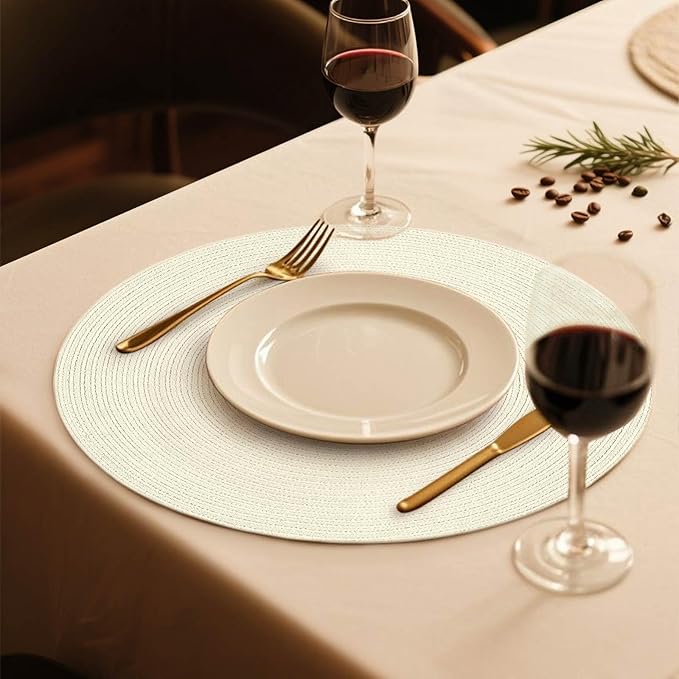 FunWheat Round Braided Placemats Set of 6 Place mats for Dining Tables Woven Heat Resistant Table Mats 15 inch (Ivory,6pcs)