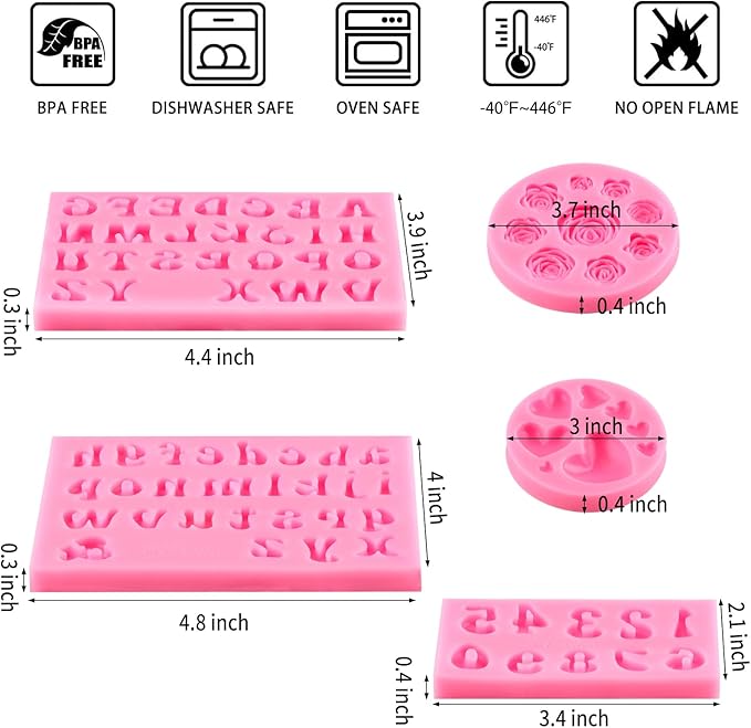 5 PCS Silicone Letter Molds, Non-Stick Number Heart Rose Flower Fondant Molds for Chocolate, Candy, Cake Decoration, Cupcake Topper