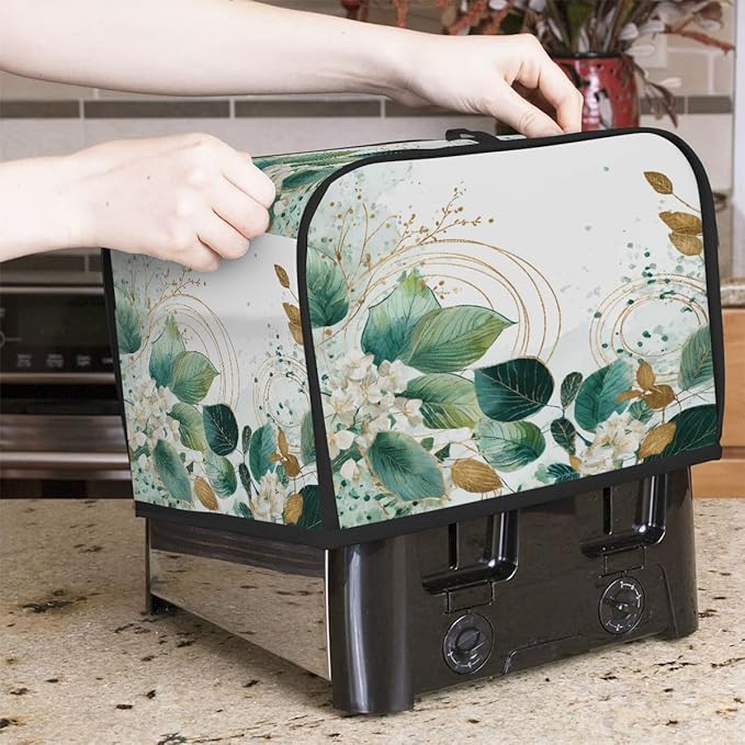 4 Slice Toaster Cover,Sage Green Eucalyptus Leaves Floral Gold Line Small Kitchen Appliance Bread Machine Cover with Pockets,Dust & Fingerprint Protection