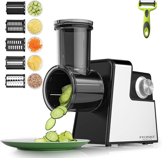 Electric Cheese Grater, 5 in 1 Salad Maker with Stainless Steel Blades, 250W Electric Food Slicer & Shredder, Electric Salad Machine for Cheeses, Fruits, Potatoes, Carrots