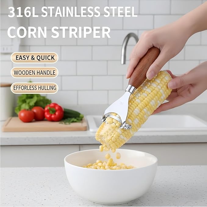 Stainless Steel Corn Kernel Remover – 1-Second Cob Peeler with Hardwood Handle, Dishwasher-Safe Stripper Tool for Salad/Salsa/Popcorn, Farmhouse Kitchen Gift for Mom