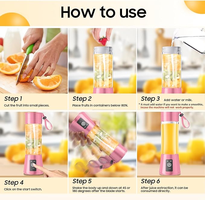 Portable Blender for Smoothies & Shakes - Cordless Personal Size Blender with 6 Blades, 380Ml Juice Cup, Lightweight & Rechargeable, Freshly Squeezed for Picnic/Sports/Office, Mother's Day