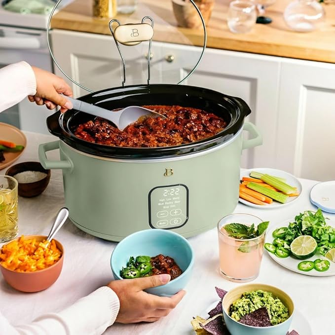 Beautiful 6 Qt Programmable Slow Cooker by Drew Barrymore -5 Preset Cooking Functions, Digital Countdown Timer, Dishwasher-Safe Parts and Cool-Touch Handles (Sage Green)