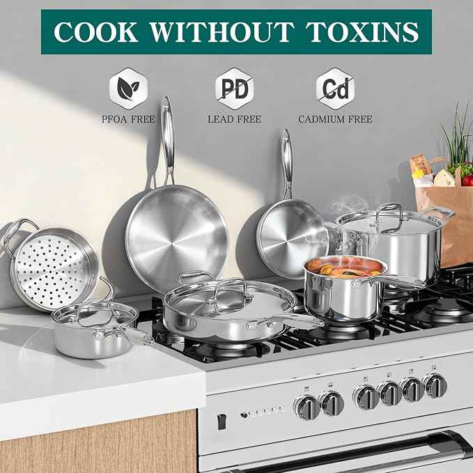 EWFEN Pots and Pans Set, 3 Ply 11 Piece Stainless Steel Cookware Set, Oven Dishwasher Safe | Induction Compatible Frying Pans, Saucepans, Saute Pan & Stock Pot, PFOA Free Kitchen Skillet