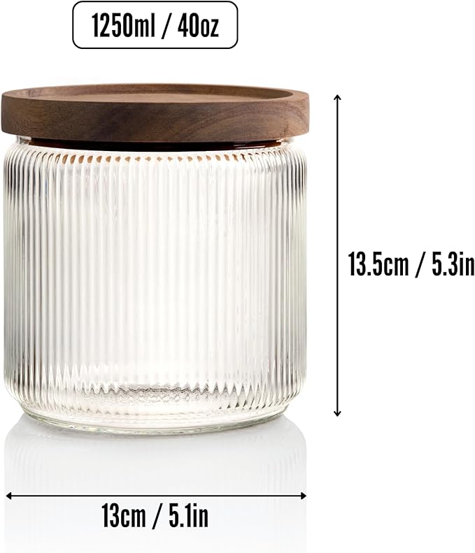 Mason & Fable Ribbed Glass Jar, Stackable & Airtight Wooden Lid- Storage Canister for Cereal, Pasta, Rice/Flour - High End Look for Kitchen, Pantry, Bar Organization - 40oz, Set of 2