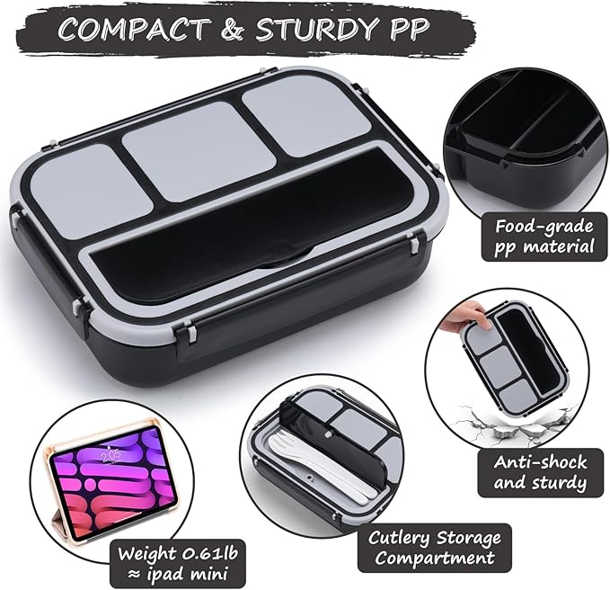 QQKO Bento Box for Kids Adults, School Toddler Lunch Box for Boys Girls, Lunch Box Containers with 4 Compartments, Sauce Container, Utensils, Food Picks and Muffin Cups for School, Black Gray