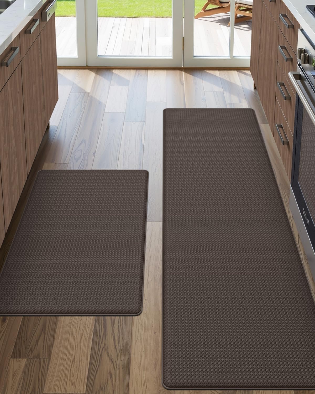 DEXI Kitchen Floor Mats Cushioned Anti Fatigue,17x29+17x59, Standing Runner Rug Waterproof, Comfort Memory Foam Padded for Front Sink Laundry Set of 2, Brown