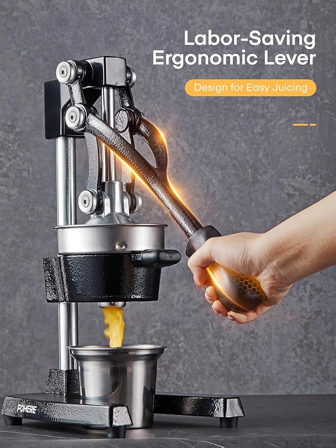 FOHERE Orange Juicer Squeezer, Cast Iron Lemon Squeezer, Commercial Citrus Juicer Hand Press for Orange, Lemon, Pomegranate, Grapefruit, Easy to Clean Citrus Squeezer with a Stainless Steel Cup