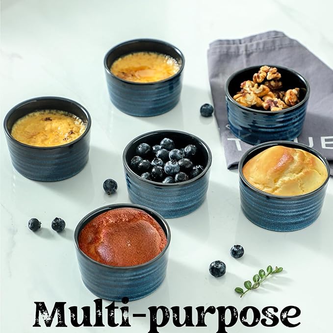 Glowworm Ceramic 4 Oz Ramekins, Dipping Sauce Bowls Set of 6, Creme Brulee Dish for Baking Pudding, Souffle, Serving Dip, Custard, Ice Cream, Oven Safe, Blue