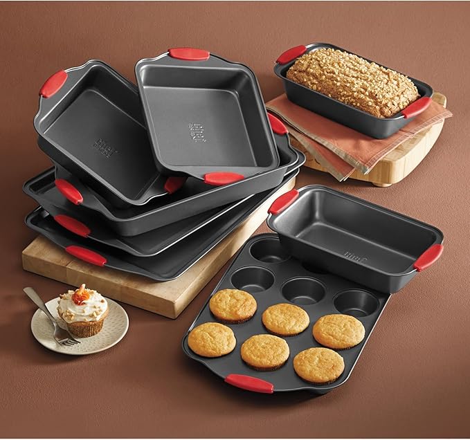 Montgomery Ward Chef Tested 8-Piece Bakeware Set with Silicone Handles - Cookie Sheets, Cupcake Pan, Loaf Pans, Cake Pans, Red