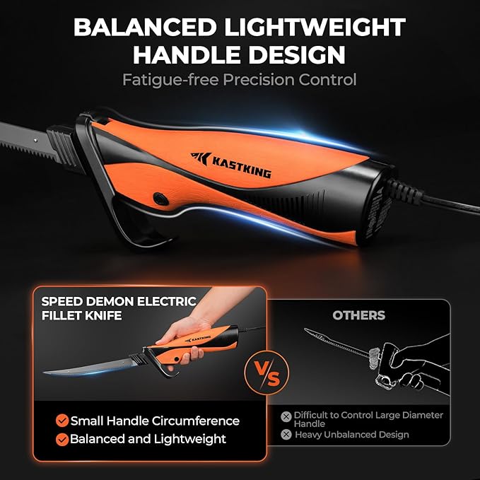 KastKing Speed Demon 110v Electric Fillet Knife, Precision Cut with High Torque Motor, ETL Certified Safety, Balanced Lightweight Handle, 2 Sets of Stainless-steel Blades