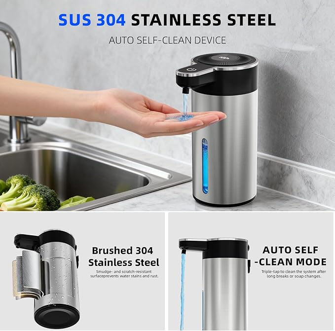 Automatic Liquid Soap Dispenser Touchless, 304 Stainless Steel Bottle Body & 13.5oz/400ml Rechargeable, 4 Adjustable Liquid Levels, IPX5 Waterproof,Level Display for Bathroom Kitchen