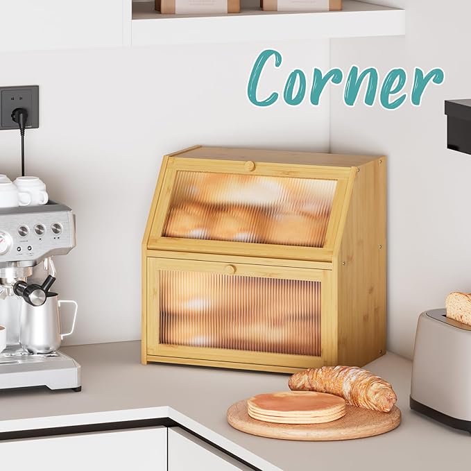 Extra Large Bread Box for Kitchen Counter, Bamboo Wood Double Layer Bread Box for Kitchen Counter, Wooden Capacity Bread Storage Bin