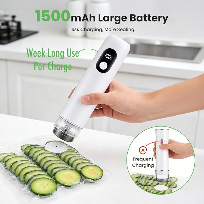 Portable Handheld Vacuum Sealer, Cordless Food Vacuum Sealer Machine for Home & Travel, 1500mAh 60kPa Rechargeable Vacuum Sealer for Food with 30 Bags, for RV, Camping, and Meal Prep