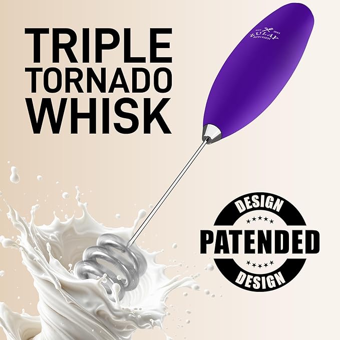 Zulay Kitchen Patented Tornado Triple Whisk Milk Frother with 4 Duracell Batteries – Handheld Foam Maker for Coffee, Lattes, Matcha & Hot Chocolate – Rich, Creamy Froth in Seconds - Purple