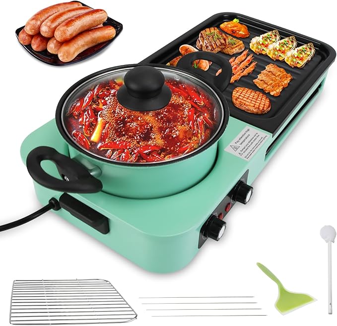 Hot Pot Electric with Grill, 1600W 3 in 1 Smokeless Non-Stick Barbecue Shabu Hot Pot with Dual Temp Control, Multifunctional Teppanyaki Grill Pot, Shabu Korean BBQ for 3-5 People