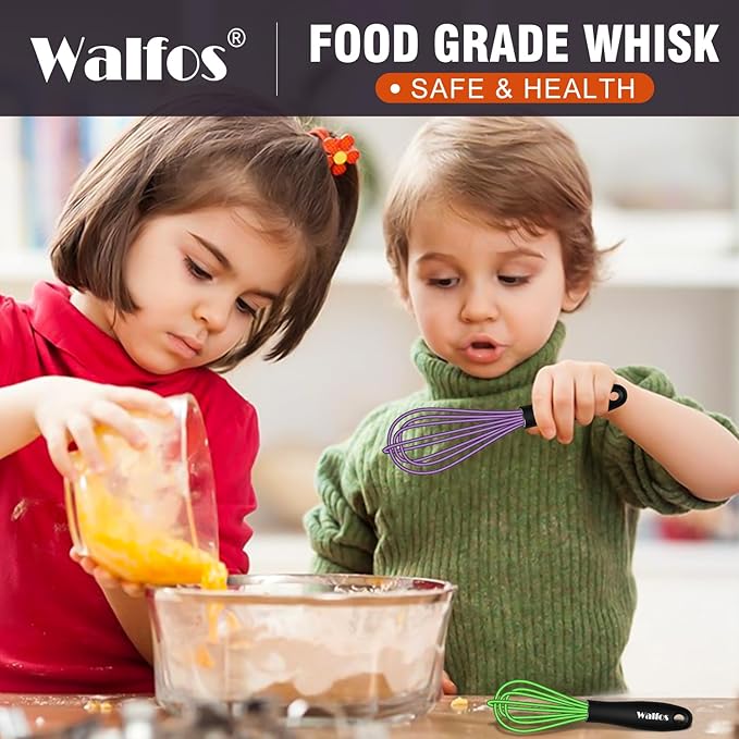 Walfos Whisk,5+7Inch Mini Whisks,Silicone Whisk Non Scratch whisk,Heat Resistant(480°F) Small whisks Suitable for stirring individual eggs and mixing small amounts of powder and sauce. Purple & Green