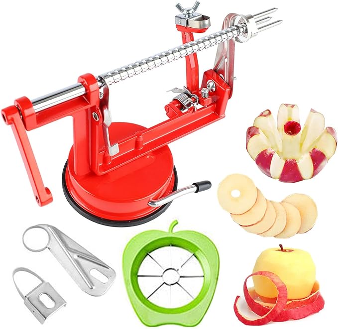 Apple Peeler Set, Stainless Steel Apple Peeler Slicer Corer, 3 in 1 Peel the Fruit, Slice it and Small Pieces with Suction Cup Base (Red)