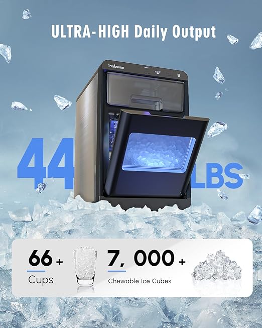 Maksone Countertop Nugget Ice Maker with APP Control, 44lbs/24H,Ready in 7 Mins,Crushed ice Maker,Sonic Pebble Ice Machine