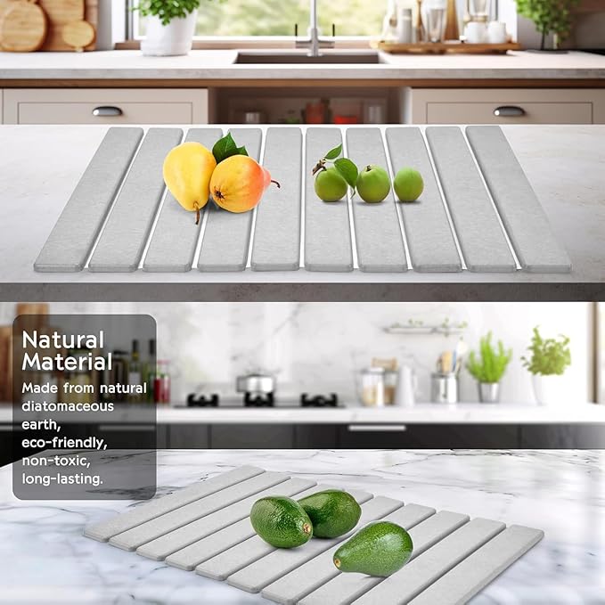 Large Stone Dish Drying Mat for Kitchen Counter – 24"(L)×16 (W) Foldable Absorbent Diatomaceous Earth Dish Drying Mats, Grey Kitchen Counter Mats for Dishes Bottles Cups, Match Any Countertop