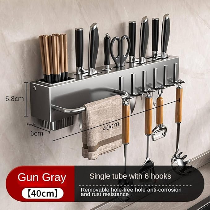 New Multi-Functional Kitchen Rack Home Wall-Mounted Knives Chopstick and Spoon Storage Rack Punch-Free cookware draining Rack, 30, Gray
