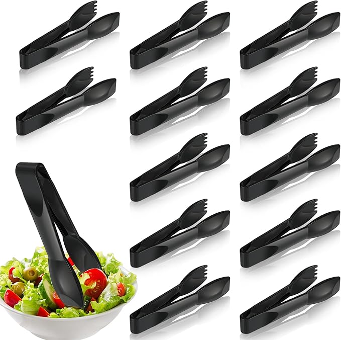 Patelai 6 Inch Utility Tong Plastic Serving Tongs Bulk Scalloped Serving Utensils Charcuterie Accessories Heavy Duty Tongs for Cooking Appetizers Food Catering Dinner Party(Black,12 Pcs)