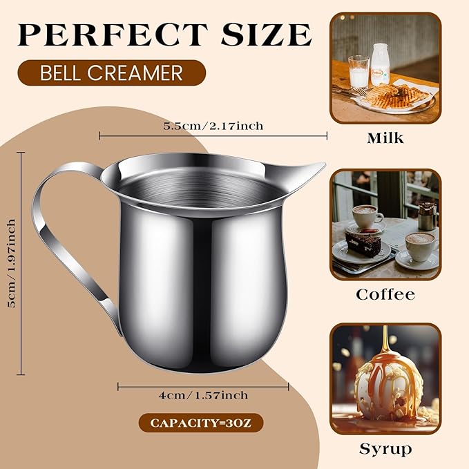 Bokon 36 Pcs Stainless Steel Bell Creamers 3 oz Creamer Pitcher for Serving Milk Coffee Cream Syrup Sugar Bell Shaped Container Espresso Shot Frothing Pitcher Cup for Restaurant Cafes Home