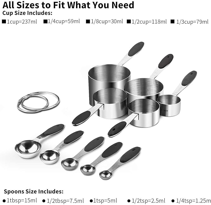 U-Taste 10 Piece Measuring Cups and Spoons Set in 18/8 Stainless Steel, and 18/8 Stainless Steel 3.9 inch 30 Mesh Strainer (Black)