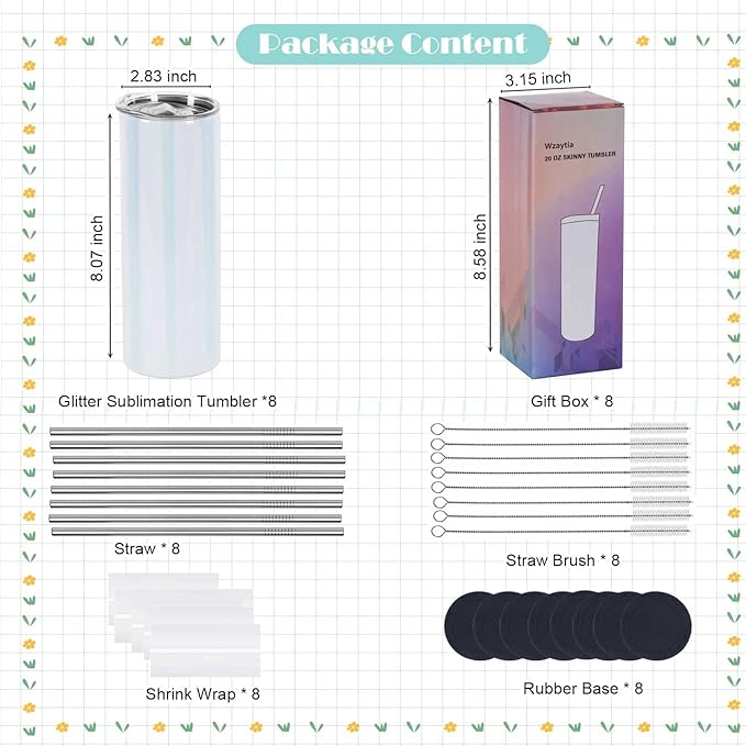 Glitter Sublimation Tumblers 20 Oz Skinny Straight, 8 Pack Stainless Steel Sublimation Glitter Shimmer Tumbler Blanks, Individually Boxed, White