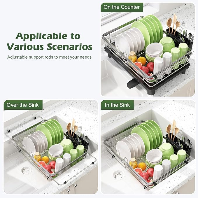 In Sink Dish Drying Rack, Expandable Over The Sink Dish Rack for Small Kitchen, Space Saving Stainless Steel Dish Drainer with Utensil Holder, 14.1"-21.2" L x 11"W, Small Plate Dryer Strainer, Silver