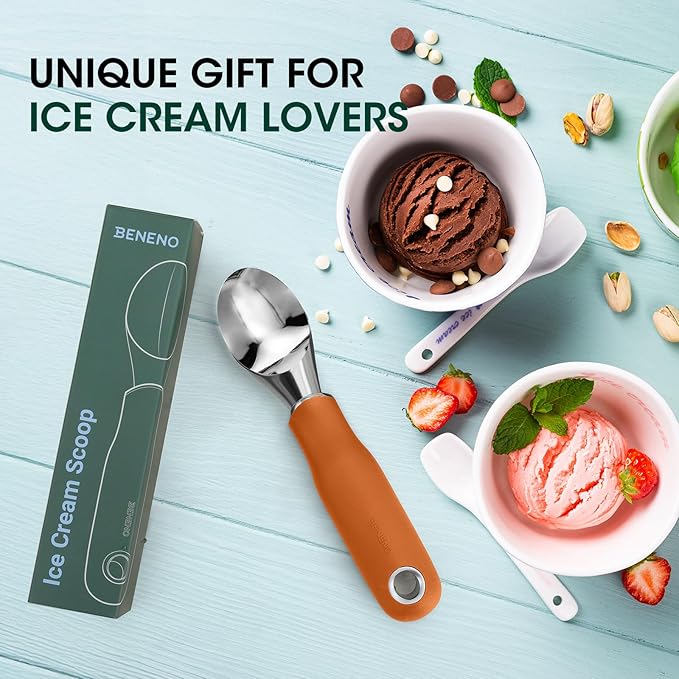 Beneno Heavy Duty Ice Cream Scoop - Upgraded Anti-Fracture Design, Comfortable Grip Long Handle, Effortless Scooping & Dishwasher Safe, Orange