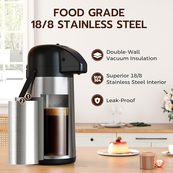 Coffee Carafe for Keeping Hot - Gezoss 85OZ / 2.5L Airpot Coffee Dispenser with Pump - Large Coffee Carafe for Hot Drinks Tea Liquid - Insulated Stainless Steel Hot Water Beverage Urn for Parties