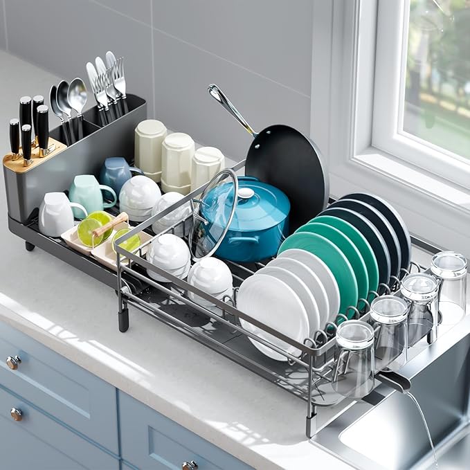 Urackify Large Dish Drying Rack, Expandable Dish Racks for Kitchen Counter, Multifunctional Dish Drainer with Utensil Holder & Cup Holder, 18.5"-26.7" L x 12.7" W, Gray