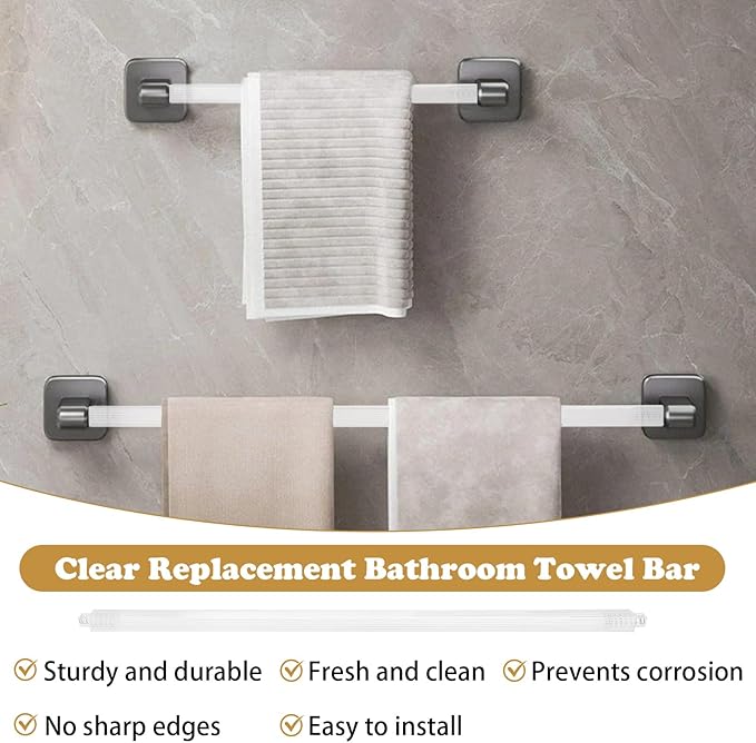 Earthtec 24 Inch Clear Adjustable Replacement Bathroom Towel Bar Rod Spring Loaded End Sturdy Plastic Wall Mount and for Kitchen Towel Storage Replacement Towel Bar for Ceramic Holder
