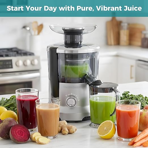 HealSmart Centrifugal Juicer Machines, 500W Juice Extractor with 2" Feed Chute and Trays for Vegetables & Fruits, Electric Juicer with 3-Speed Rapid Juicing, BPA-Free, Compact Design, Silver