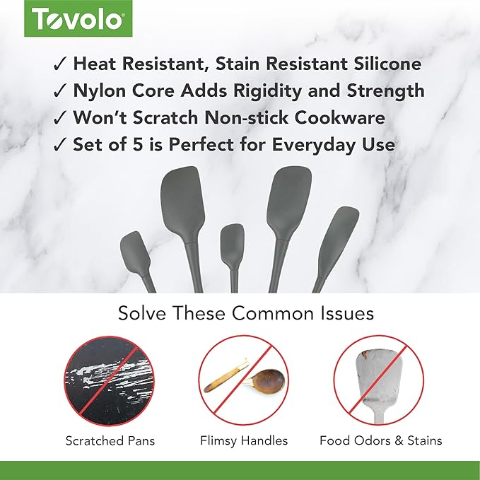 Tovolo Flex Core 5 Piece Silicone Spatula Set Heat Resistant All Silicone Utensils Include Non Stick Spatula Spoonula Jar Scraper, Dishwasher Safe BPA Free Spatulas for Baking Mixing, Charcoal Gray
