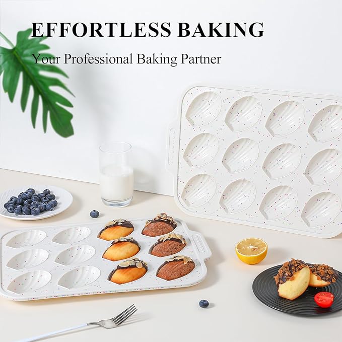 Vinino 2-Pack Silicone Madeleine Pan with Metal Reinforced Frame, 12-Cavity Shell Shape Madeleine Mold with Non-Slip Handle, Nonstick Madeleine Cookie Trays for Oven, BPA Free, Dishwasher Safe- Cream
