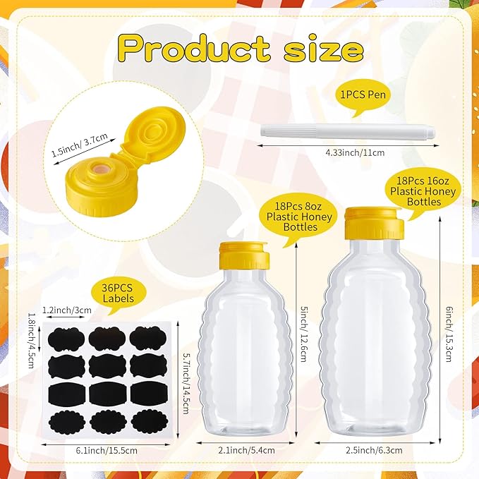 36 Pieces 8/16 oz Honey Bottles Squeeze Honey Bottles Clear Plastic Honey Bottles Honey Jar Container with 36 Pcs Chalkboard Labels and and 1 Pcs Pen Honey Holder with Flip Lid for Dispensing Food
