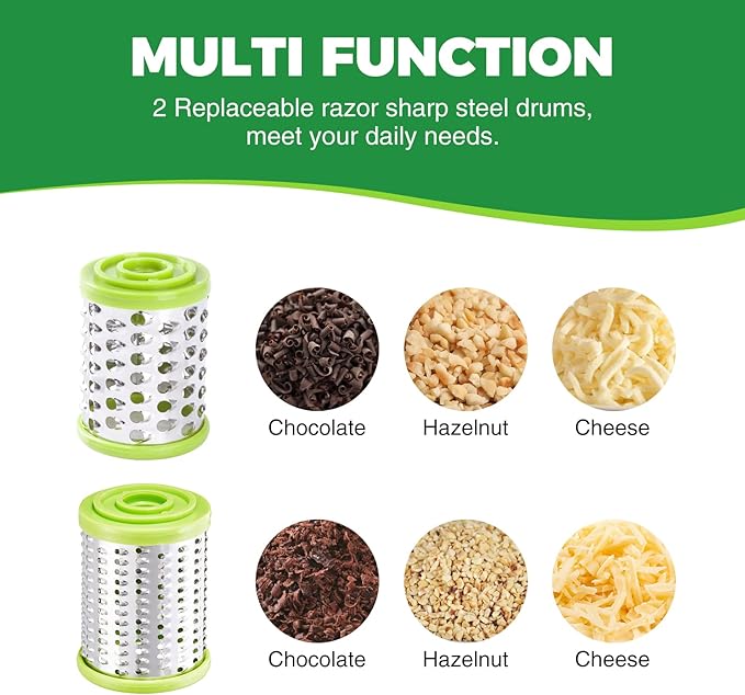 KITEXPERT Cheese Grater with Handle, Parmesan Cheese Grater with 2 Stainless Steel Drums, Rotary Cheese Graters Handheld for Grating and Shredding Hard Cheese, Chocolate