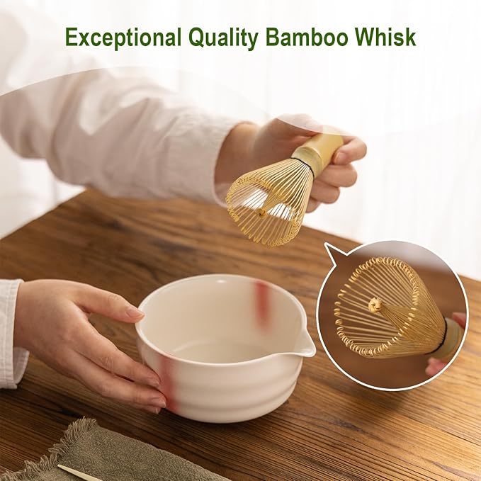Matcha Whisk Set,Ceramic Matcha Set,with Ceramic Bowl,Bamboo Whisk&Holder,Scoop,Authentic Japanese Matcha,for Matcha Lovers,Gift for Family/Friend(Spotted Pink)