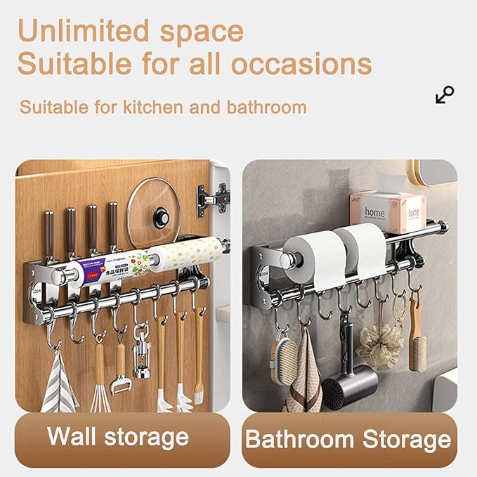 Hanging Wall Mount Knife Wall Mount,Kitchen Utensil Hanger,Space-Saving Kitchen Utensil Rack with Hooks,Kitchen Storage Shelf for Utensils Spatula Spoon, Easy to Clean (Silver, 50CM+10Hook)