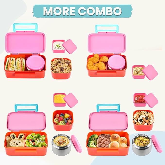 PIQUEBAR Kids Lunch Bento Box with 8oz Thermo Ice Pack Food Container with Insulated Lunch Bag, Insulated Water Bottle with Straw for Girls Boys, (A-Pink)